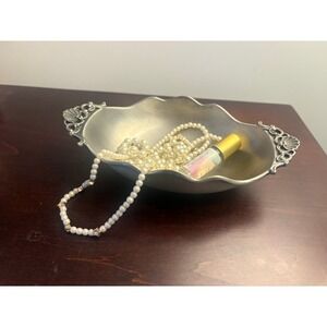 Vintage Pewter Style Metal Oval Bowl Ornate Scroll Shell Handles Trinket Dish